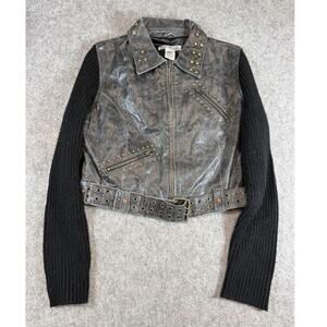 VTG Lucidity Studded Leather Crop Biker Jacket Womens L Knit Sleeves Streetwear